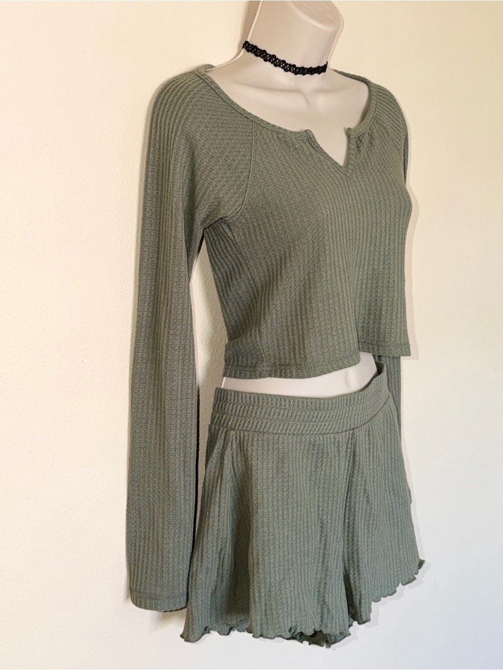 Roxy small waffle knit Two-Piece Set in Olive Green